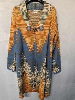 Aztec-Pattern Open Knit Cardigan - Blue/Gold/Green/Cream Size Small